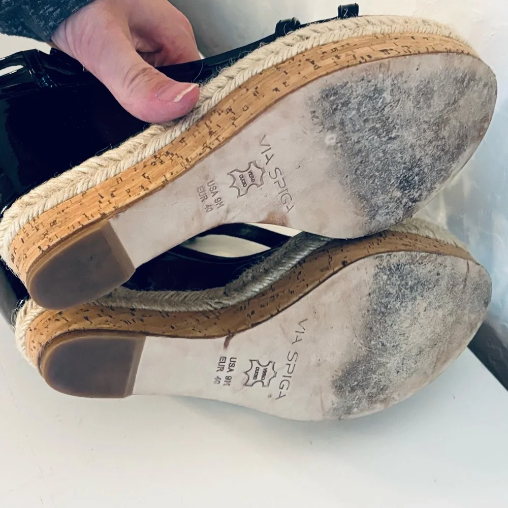 Via Spiga Patent Leather Wedge Platform Sandals Espadrille Cork Sole, Black, 9